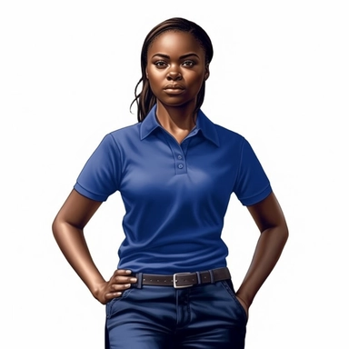 photo-realistic, waist-level view of beautiful, but angry physically fit African American woman, age 25, wearing a very stunning royal blue polo shirt, waist view on white background for vector clipart