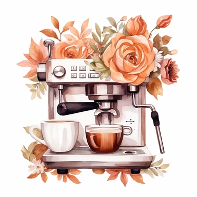 Big espresso machine, cup of coffees, flower digital clipart on white background