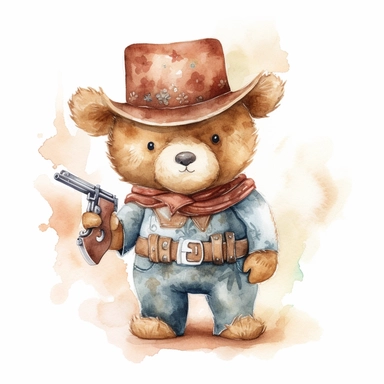 A cute watercolor clipart of a teddy bear dressed in Wild West cowboy attire, with a hat, boots, and a bandana around its neck. The bear has a confident stance and a revolver in its holster