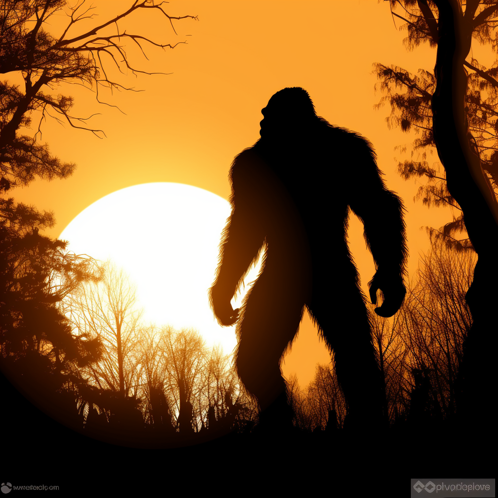 Clipart Of A Sasquatch In A Clearing Silhouetted Against A Setting Sun