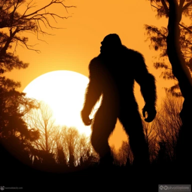 clipart of a sasquatch in a clearing, Silhouetted against a setting sun, hyper realistic, high definition, sharp focus, contour, edges of image fade to white
