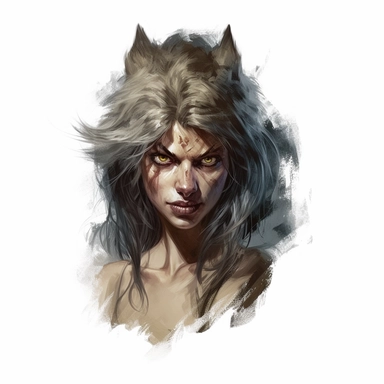 beautiful stunning pretty vintage werewolf female character, paint art style, clipart, white background, superrealistic, one of a kind