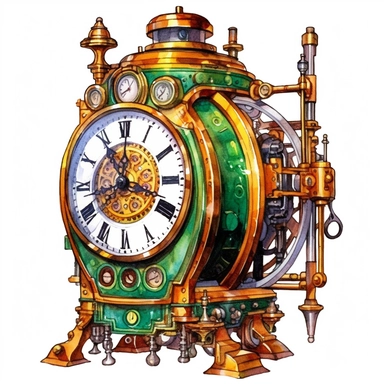 watercolor steampunk clock image, steampunk, intense colors, luxurious, victorian, clipart, watercolour, emerald steampunk style wizard of oz zeppelin, wizard of oz steampunk style vibes and theme, white background, detailed