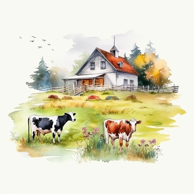 watercolor farm house clipart with meadow and some animals, white background, no comment, 8k