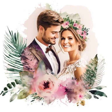 happy couple bride and groom with watercolor effect, soft floral details,wedding,suitable for digital clipart,white background,mexican bride