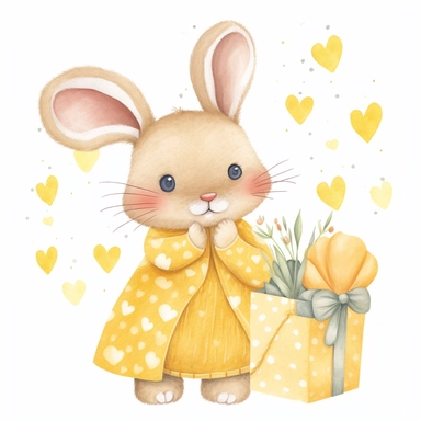a shy baby Bunny with gifts Clipart, Peter rabbit, wearing a yellow coat covered in hearts, Nursery summer Clipart, Easter Clipart, summer Bunny, Crafting Digital Paper, Mother’s Day, white background