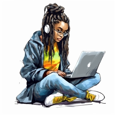 Black girl working on a laptop, cool hacker clothes, dreads, watercolor style, clipart solid white background