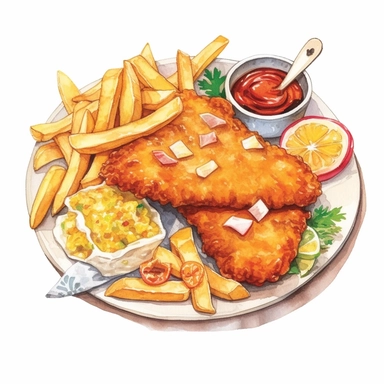 a delightful watercolor, hyper-realistic clipart image with a white background and white margins, showcasing a plate of crispy fish and chips. The ultra-detailed, hand-drawn elements capture the golden batter and tender fish. Use whimsical touches to add a sense of freshness, and bold shades of yellow and brown to evoke the comforting and satisfying nature of this classic fast food dish