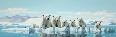 a line of cute miniature polar bear cubs on an iceberg, a collage of mixed media art made with tissue paper, magazine and newspaper clippings, oil paint, graphite pencil lines and fabric, in the style of playful surrealism, whimsical, washi tape