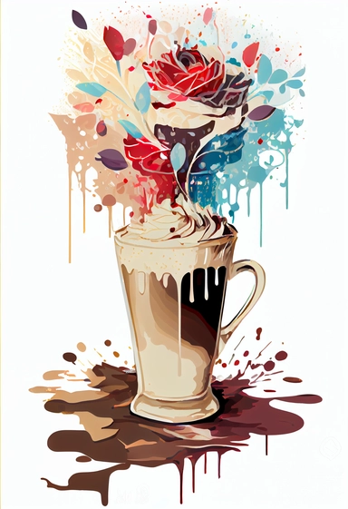 clipart, vector, A ink and water colour painting, paint splash art, thick ink outline, crisp detailed, coffee with cream tall glass cup, surrounded by 4 white, black red and white pastel coloured bunch of roses, sharp edges, 2d tee shirt design, cut out design white background