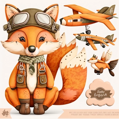 Wood Animals, Pilot Clipart, Aviator Clipart, cute sweet Fox Illustrations