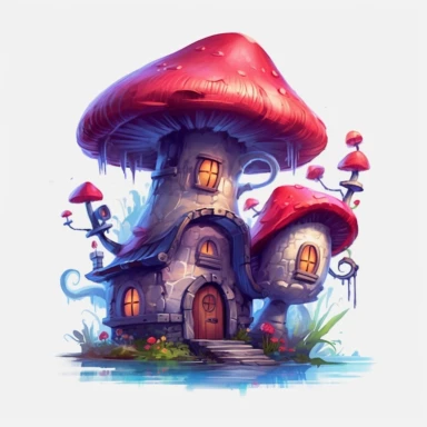 fantasy mushroom house vector, realistic illustration, oil paints, crimson, light blue and dark Violet style, neat strokes, expressive, Disney charm, very detailed, soft gradiend, light contrast, dreamy, clipart, inspiration from Artstation, white solid background