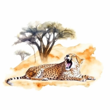realistic watercolor cheetah taking a nap while yawning on a dry desert land with a huge tree under the shade on solid white background, clipart