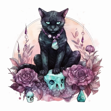 hand drawn black cat, sitting with front paw resting on a skull, flowers and crystals, shades of burgundy purple and teal, romantic and edgy, very detailed and realistic, watercolor, clipart style