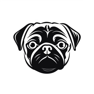 Simple outline of a front - facing crooked head happy Pug dog head peeking with front paws, cute clipart, flat 2d vector, minimalist, black and white, kids cartoon, svg cut file, line art drawing, white isolated background