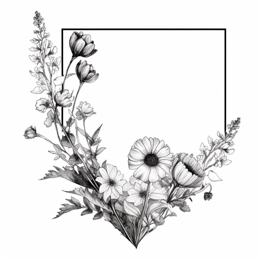 modern, minimalistic set of wildflowers in the shape of one giant L shape corner of the image frame, in the style of hand-drawing black and white on a clean white background, wedding clipart flowers
