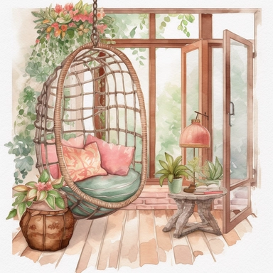 cozy Cottage Watercolor pink, brown, and green with watercolor effects, bright colors, Floral Southport Patio Egg Swing Chair A cozy reading nook with a huge window that lets in cinematic daylight plants emerge from it clipart png 4k, 8k