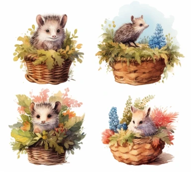 hedge clipart set hedges in a basket watercolor drawing, in the style of martin wittfooth, characterful animal portraits, ivanovich pimenov, sharp/prickly, miniaturecore, depiction of animals, wiesław wałkuski