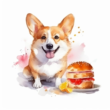 cute smiling watercolor corgi holding food, white background, clipart, 8k resolution, high saturation, juicy colors, unreal engine