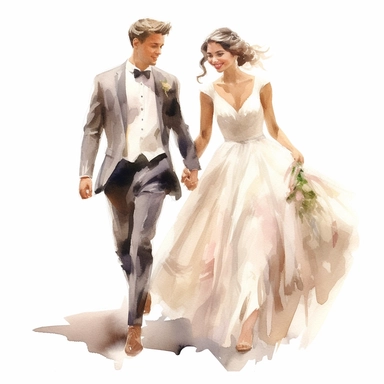 A delightful scene depicting the newlywed couple walking hand in hand, overflowing with happiness and love. The bride, adorned in her exquisite white gown, and the groom, looking dapper in his elegant suit, take confident steps forward, their smiles radiating pure bliss. joy and excitement. Watercolor clipart, white background, intricate details, HYPER-realistic