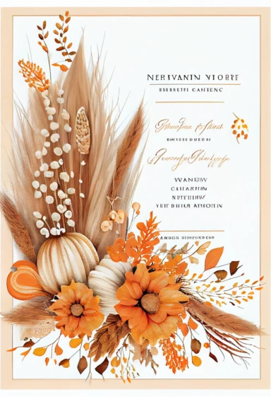 beautiful, intricate, sharp focus, light orange, tan, and brown fall colors, incorporate small thanksgiving pumpkins and corn cob, boho wedding invitation with white fluffy tail flowers,white wintergreen berries, dried grasses, dried leaves, dried flowers, show entire invitation, no border, clipart, on white background, flat lay, extreme detail, wedding invitation,