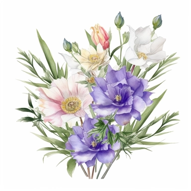 Edelweiss and Eustoma Ensemble Watercolor Art, Beautiful Realistic Clipart, Vibrant Colors, Creative Artistic, Emotional, Detailed, Isolated white background