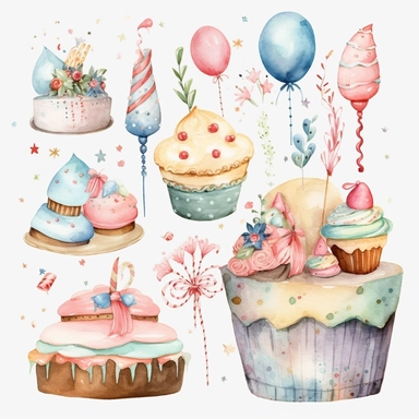 clipart, clip art, doodles, drawings, birthday, birthday cake, birthday hat, birthday decorations, hand painted, watercolor, soft colors, nursery, white background, simple style, high definition, 8k