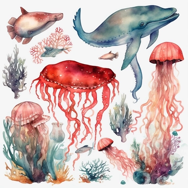 Red Sea Turtle Coral, Jelly Fish, Whale, Dolphins Watercolor Clipart, nautical ocean animals