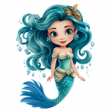 Cartoon cute mermaid You could describe her as having long, flowing hair that shimmers in the sunlight, with a tail that sparkles like diamonds and glistens in the water. have piercing beautiful blue eyes that seem to glow, and a voice that is as sweet as a song., on a white background in the style of magali villeneuve, on a white background, Clipart, pastel neon colors, whimsical, magical, children illustration, twinkling lights, beautiful, sparkly, girly, feminine, engaging, High definition, 2