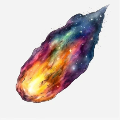 meteor in space clipart watercolor technique, 8k digital art, bright, colorful, soft lightning, white background