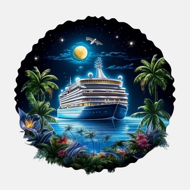 fantasy cruise ship in the moonlight, paradise island digital clipart on white background