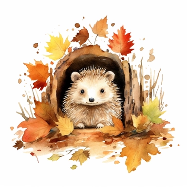 Adorable hedgehog exploring a bed of fallen leaves, white background, watercolor clipart