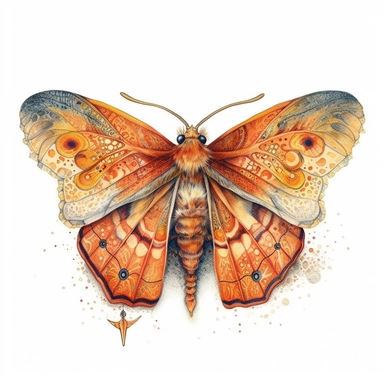 orange moth, white background, clipart, coloured pencil drawn, cosmic magical style, feathery antennae