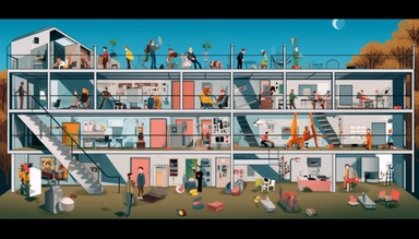 illustrated creative space, lots of people are working, hidden object, funny, minimalistic, vector clipart, 8k, high detail