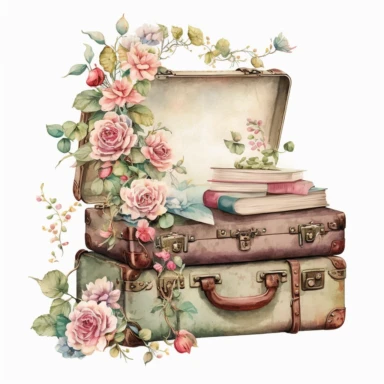 watercolor vintage stacked open suitcase filled with papers clipart surrounded by pink roses and delicate vines white background
