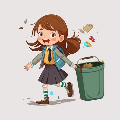 girl in school uniform walking, throwing rubbish in the bin, happy, cartoon style, clipart, white background