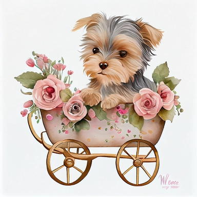 Cute Yorkshire Puppy valentine, heart wagon, blush tones, Lilla Rogers agency, watercolor, roses, cupid, fairytale, folkart, clipart, white background