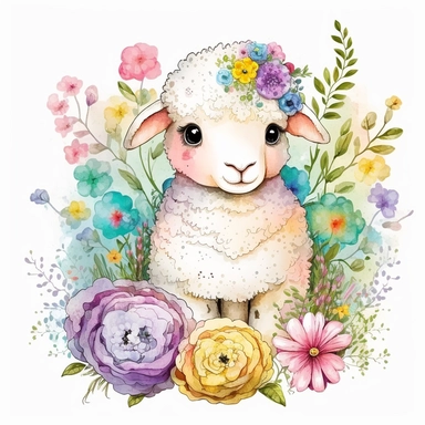 An adorable watercolour Easter baby lamb with big eyes surrounded by flowers and Easter egg clipart, all in pastel colours. A fluffy white lamb sits in the centre of the image, surrounded by a variety of colourful flowers in pink, purple, and yellow hues. The lamb has big, expressive eyes and a small pink nose, and is holding a colourful Easter egg in its mouth. The flowers and Easter eggs scattered around the lamb add to the overall springtime feel of the image. The lamb is situated in a lush m