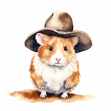 Hamster with cowboy hat, watercolor, sharp illustration clipart, insane detail, white background