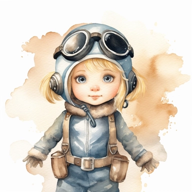 a watercolour clipart of a baby girl aviator pilot, full body, big cute blue eyes, blonde hair and simple watercolour background