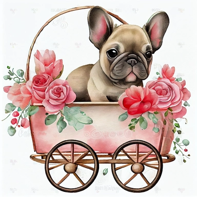 Cute french bulldog Puppy valentine, heart wagon, blush tones, Lilla Rogers agency, watercolor, roses, cupid, fairytale, folkart, clipart, white background
