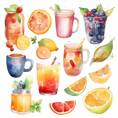 Food and Drink Watercolor Clipart: Paint watercolor fruits, vegetables, desserts, or beverages like coffee and tea, single style, white background