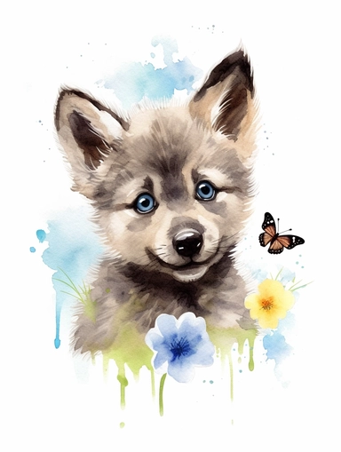 cute happy grey wolf cub with butterfly on the nose, pastel watercolor, clipart, solid background