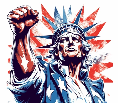 Create a bold and eye-catching clip art that showcases Freedom in patriotic colors, emphasizing the spirit of independence and liberty, white background, in the style of line drawing