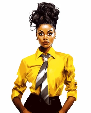 Extremely realistic digital illustration clipart, vector art of ultra beautiful African American women entrepreneur with beautiful black hair in messy bun, dressed in Yellow and white business suit of the year 2023, standing in the center of an office on a white background ad type clipart
