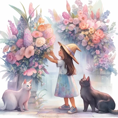 1 girl and cat, Little girl exploring, rainbow and flowers, illustration for book, children's book, 2 clipart, fiorucci angels, beautiful decoupage paper, pastel colors, clipartm, fantasy art, squirrel ears, perfect eyes, detailed body, Watercolor Clipart, strybk, full Illustration, 4k, sharp focus, watercolor, smooth soft skin, symmetrical, soft lighting, detailed face, concept art, watercolor style, strybk, children's style fairy tales, chibi kawaii, Octane rendering, 3d. Perfect face, detaile