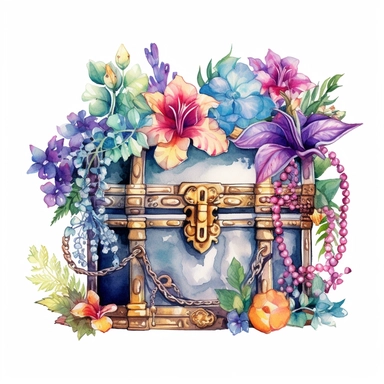 clipart, isolated on white background, Watercolor spring treasure chest with jewelry, detailed, beach, flowers and plants, ornated, vivid and vibrant and saturated colors