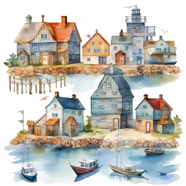 watercolor harbor village, illustrations clipart set, simple, , cartoon elements ,different variants , separate elements with a margin