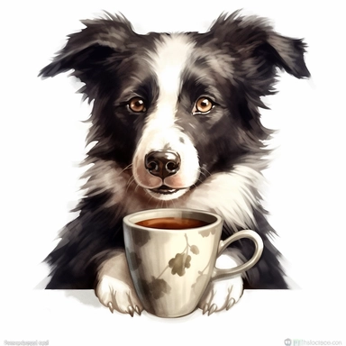 clipart of a border collie holding a cup of coffee on a white background