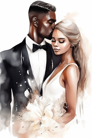 Black skin bride in a white wedding dress with diamonds and with beautiful jewelry, long beautiful hair, beautiful lips and long eyelashes glamour and the groom in a tuxedo smile watercolor clipart